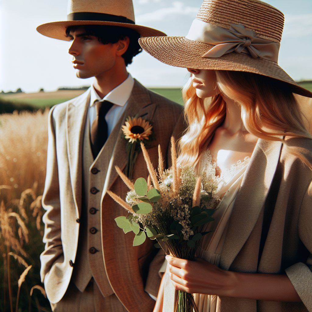 Une scène champêtre avec des personnes portant des chapeaux élégants, un en paille et un fedora, accentuant leur style lors d'un mariage estival.