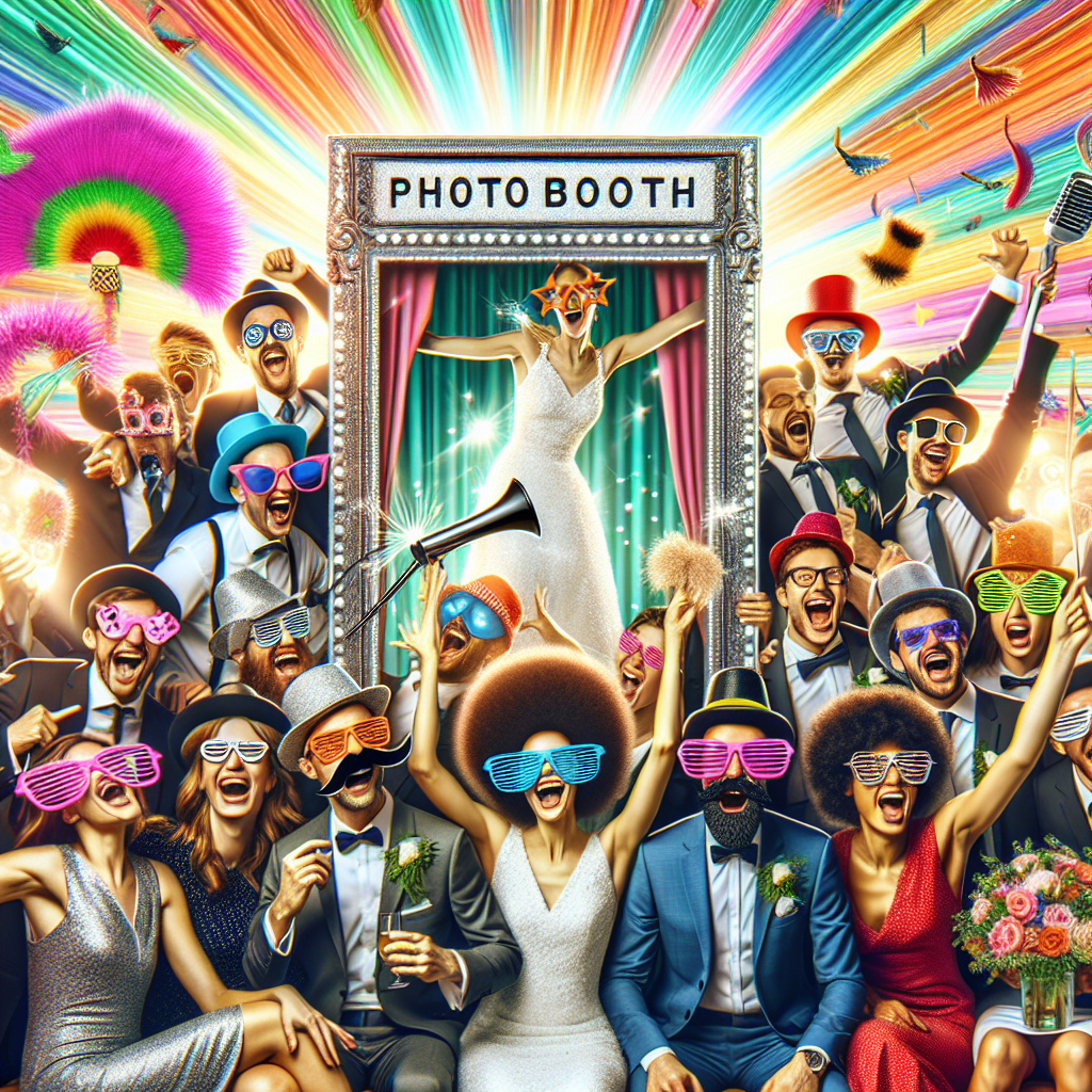 Stand de photobooth amusant avec accessoires et fond coloré, et installation de karaoké avec des gens en train de chanter joyeusement lors d'un mariage.