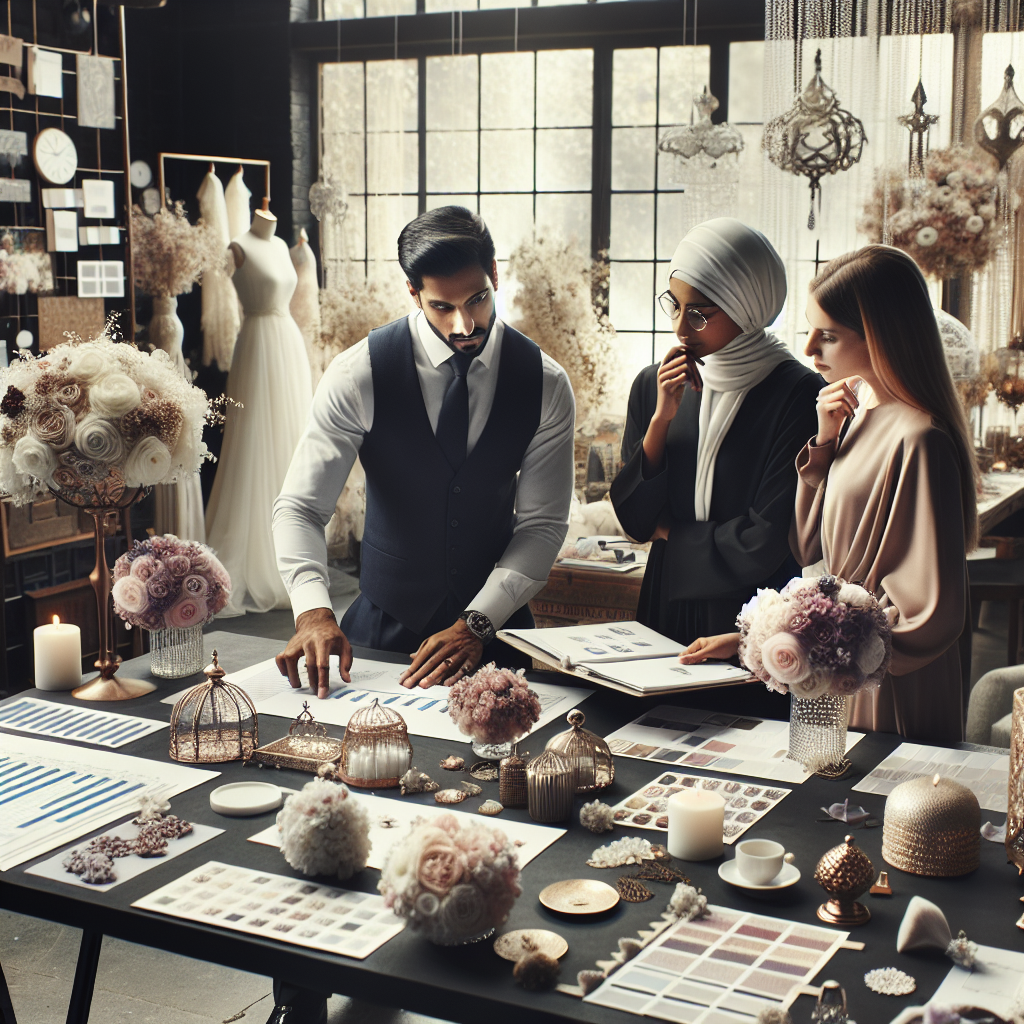 Scène de planification budgétaire de mariage avec un planificateur de mariage travaillant avec un couple sur des graphiques de budget et des échantillons de décoration dans un bureau élégant