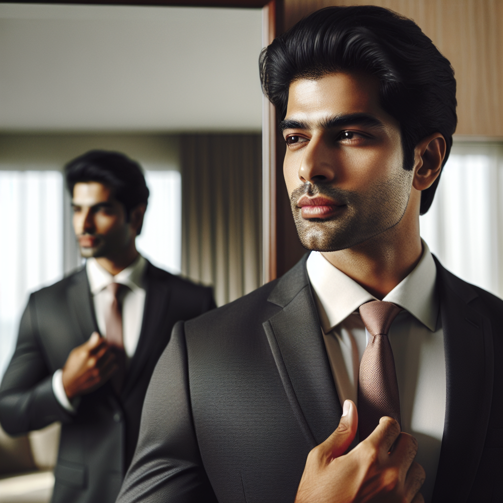 Une personne pratiquant un discours devant un miroir, ayant l'air confiante.