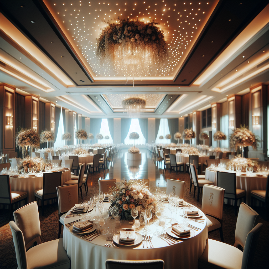 Salle de réception de mariage élégamment décorée avec des tables rondes, des arrangements floraux et des lumières d'ambiance