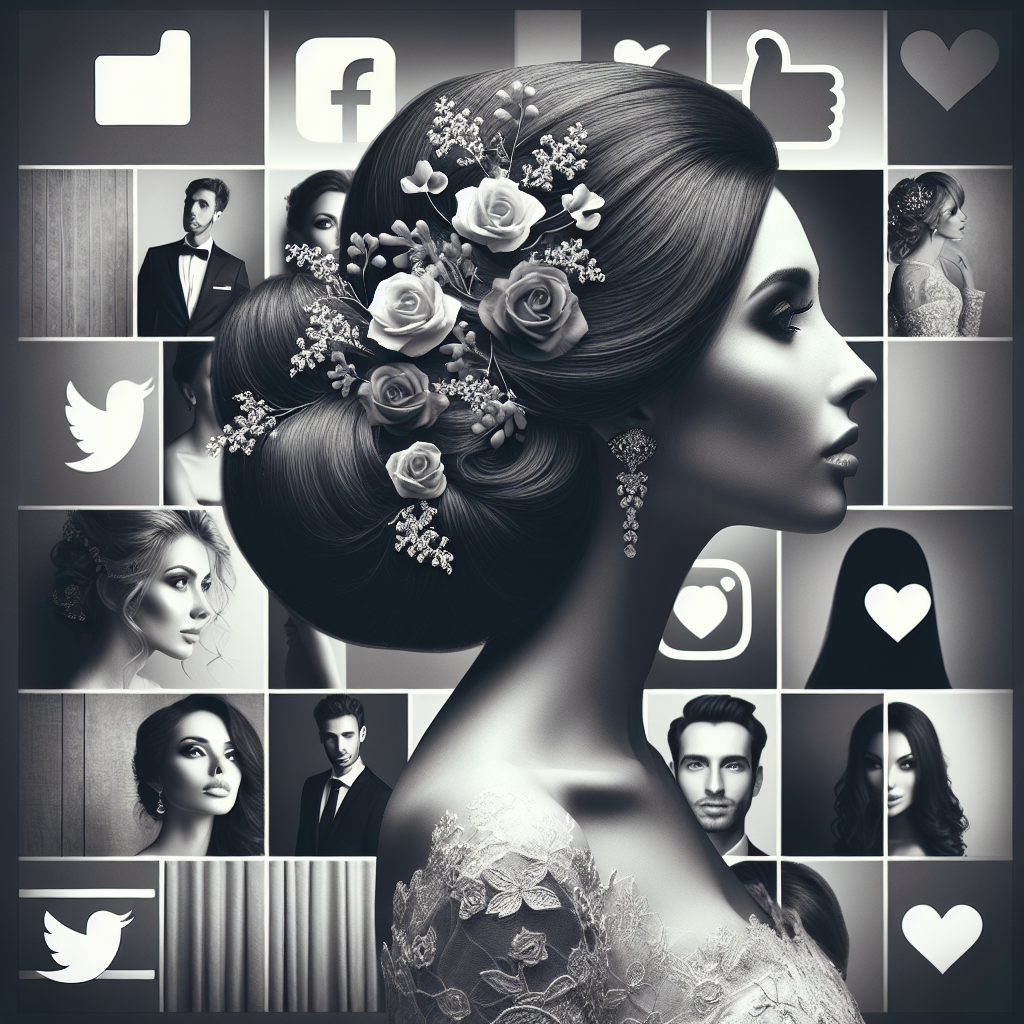 Un collage de coiffures de mariage élégantes trouvées en ligne, avec des professionnels de la coiffure. En arrière-plan, des plateformes comme Instagram et Pinterest montrent des avis et des témoignages. Pas de texte sur l'image.
