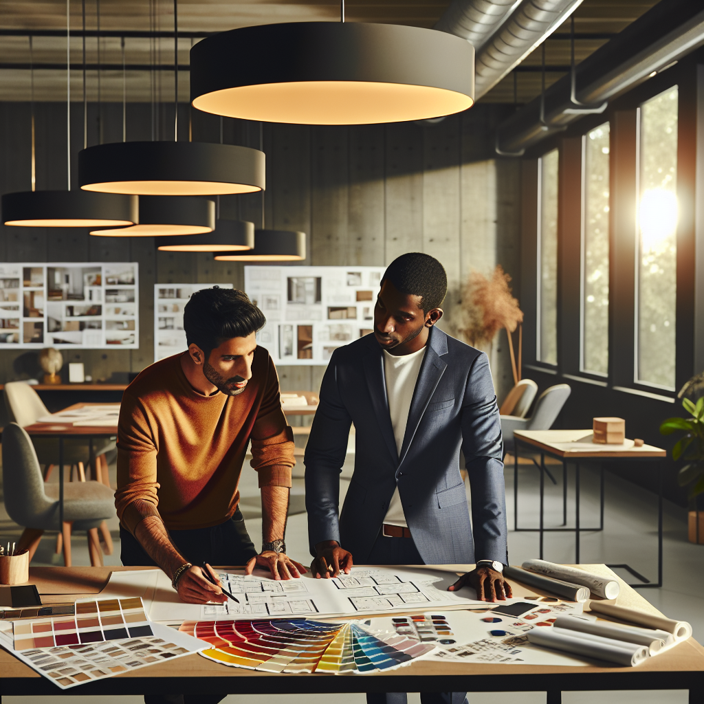 Un décorateur d'intérieur professionnel discutant avec un client autour d'une table avec des plans de design, des planches d'ambiance et des échantillons de couleurs dans un bureau moderne bien éclairé.