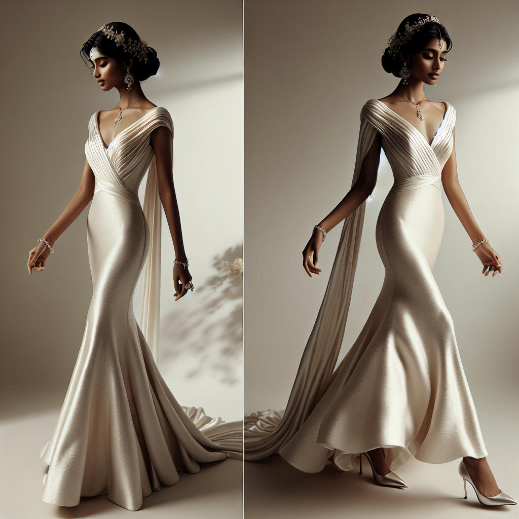 Une mariée élégante en robe sirène avec escarpins, chignon bas et bijoux discrets. Aucun texte sur l'image.