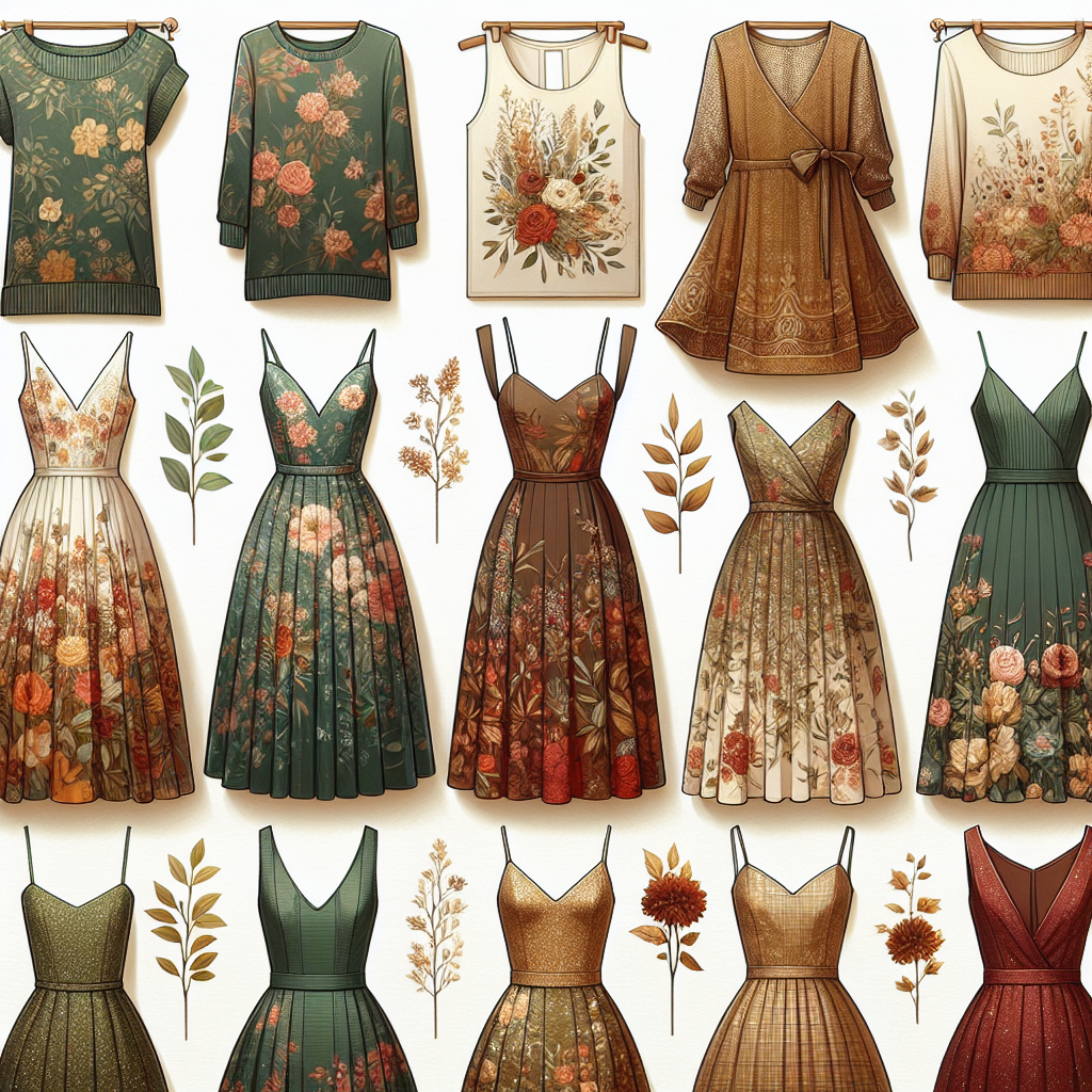 Un assortiment de robes adaptées aux différentes saisons, comprenant des robes légères et florales pour le printemps et l'été, et des robes à manches longues et épaisses dans des couleurs sombres et chaudes pour l'automne et l'hiver.