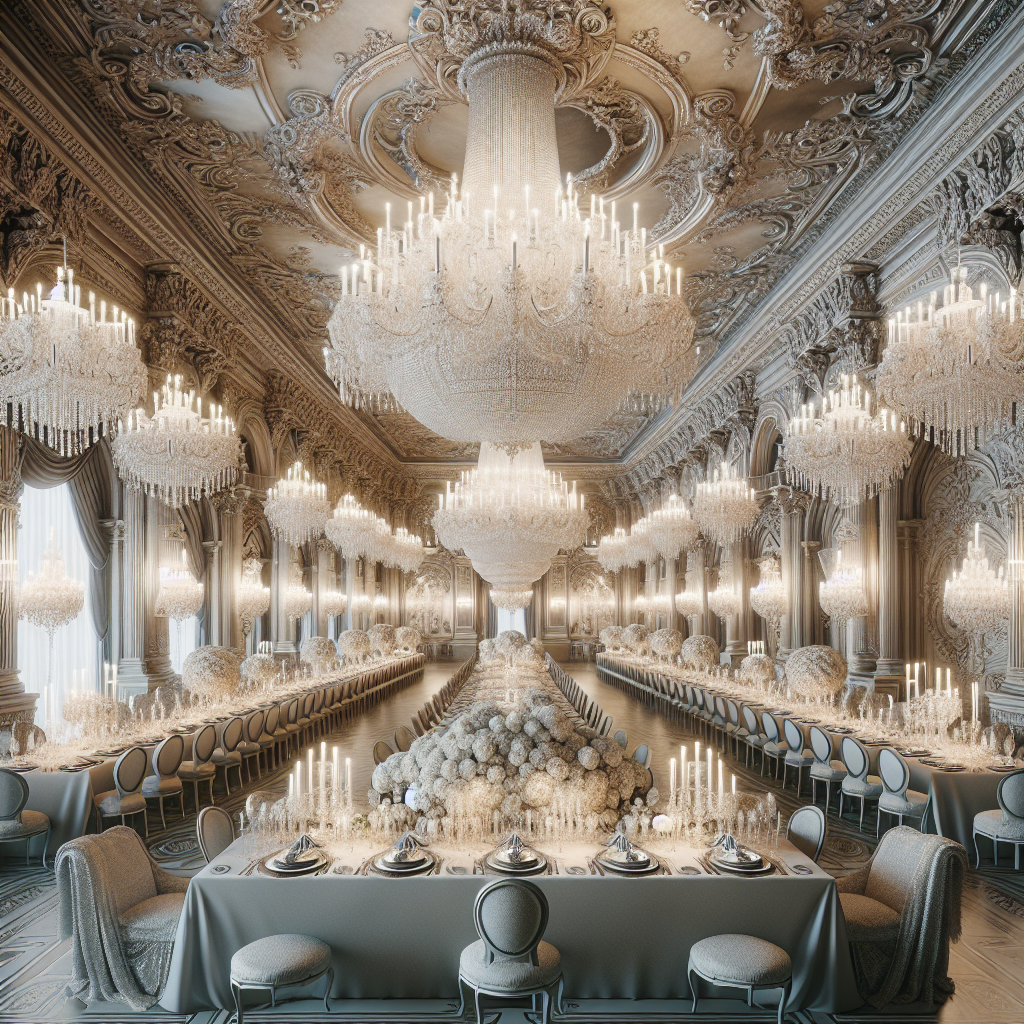 Une salle de réception luxueuse et élégante préparée pour un grand événement, avec des décorations élaborées, de beaux lustres et des tables élégamment dressées. Aucun texte sur l'image.