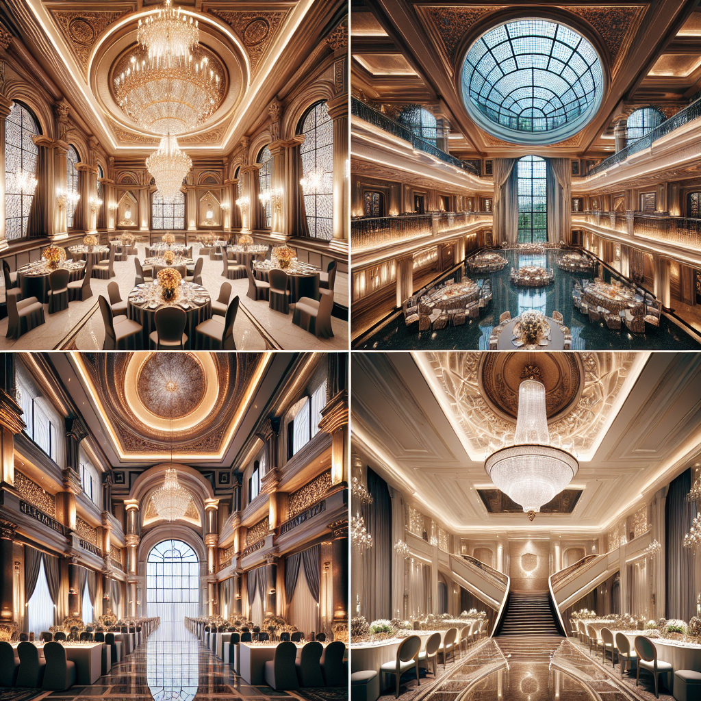 Une salle de mariage de luxe avec une magnifique décoration et des tables élégamment dressées.
