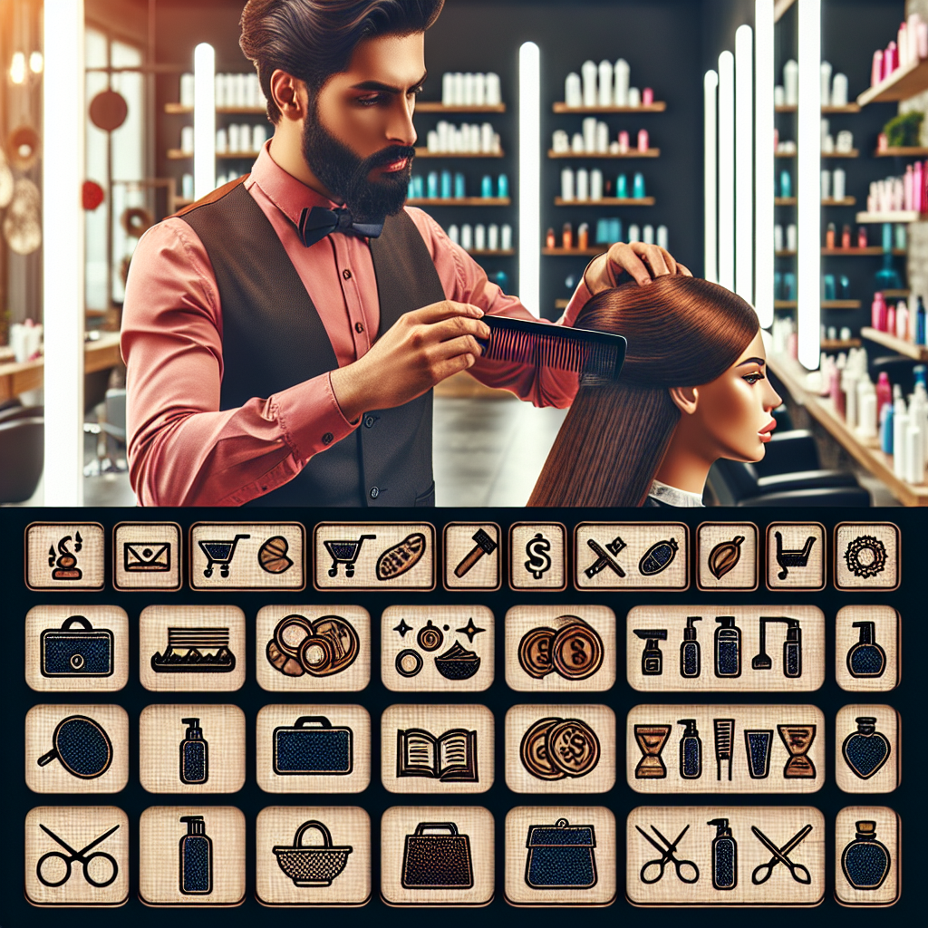Coiffeur professionnel ajustant la coiffure d'une cliente dans un salon élégant, avec des étiquettes de prix visibles.