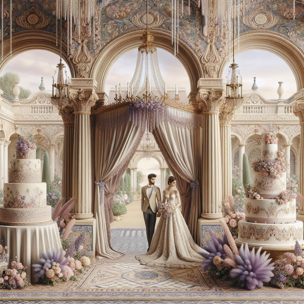 Une jolie scène de mariage en France avec un couple, un lieu élégant, des arrangements floraux, un gâteau de mariage et des décorations. Atmosphère festive.