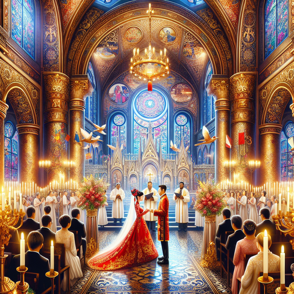 Cérémonie de mariage dans un cadre religieux avec un couple, des décorations et des symboles religieux.
