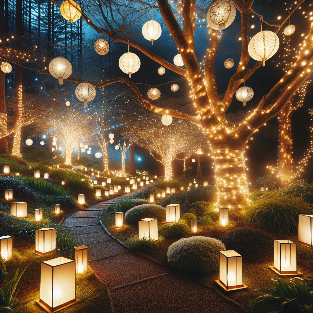 Une scène de nuit chaleureuse et magique avec des guirlandes lumineuses accrochées aux arbres et des lanternes en papier et bougies le long des allées, créant une ambiance romantique et charmante.