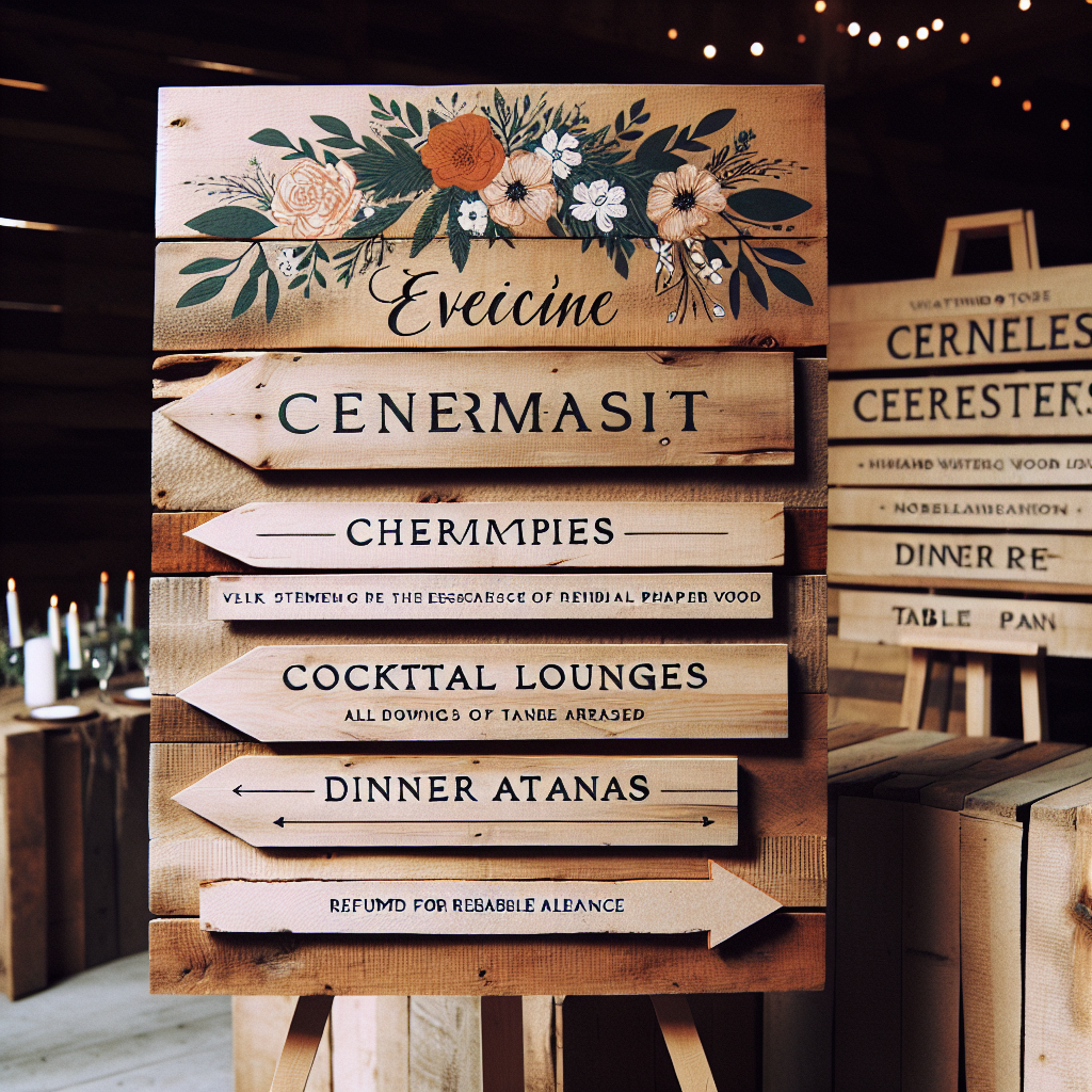 Décor de mariage rustique avec des panneaux en bois récupéré et des menus sur papier recyclé.