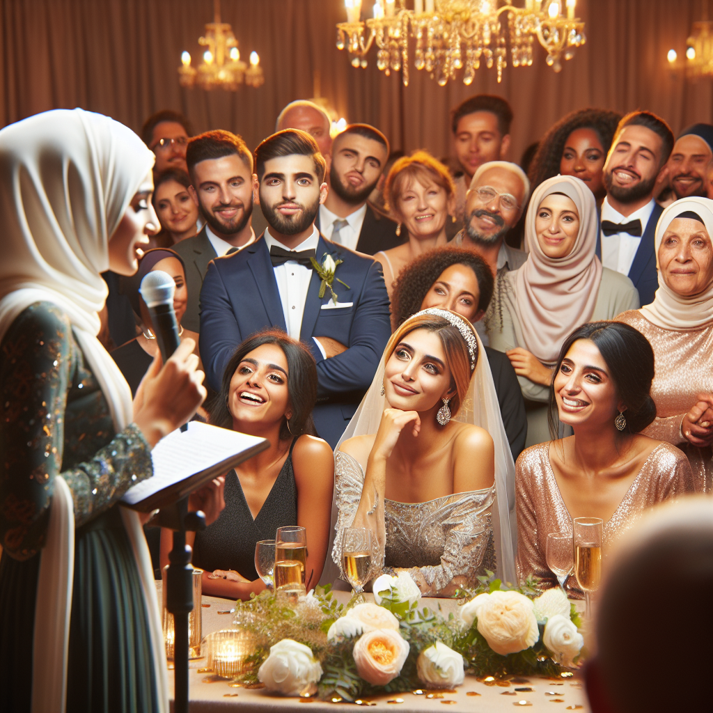 Une scène de mariage chaleureuse où un orateur sincère et empathique s'adresse aux invités émus, avec les mariés au centre de l'attention.
