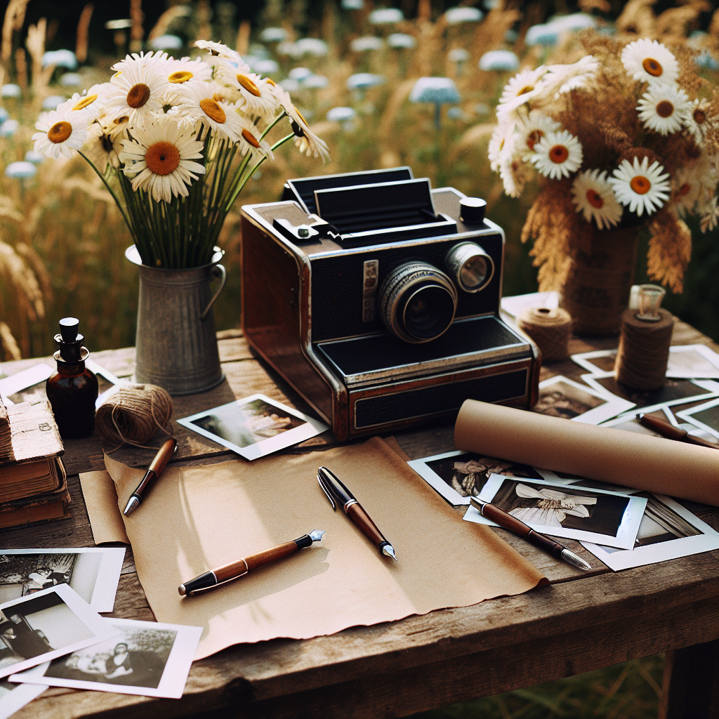 Un vieux bureau en bois avec du papier kraft et des stylos plume pour les messages des invités, un appareil photo Polaroid vintage avec des photos instantanées éparpillées, le tout dans une ambiance de mariage champêtre.