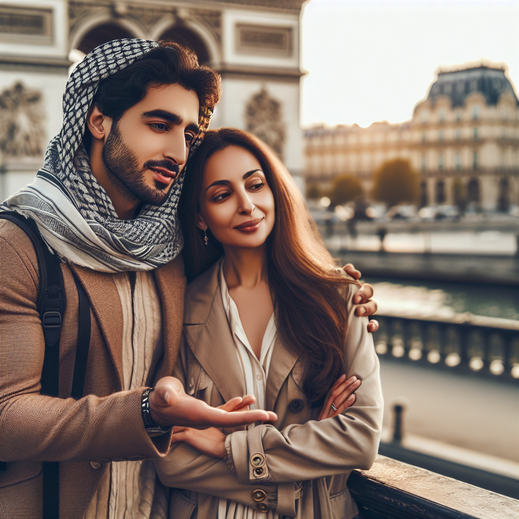 Un couple se souvenant de leur premier voyage ensemble à Paris, se tenant près des monuments emblématiques de Paris, avec une atmosphère nostalgique et pleine d'émotion.