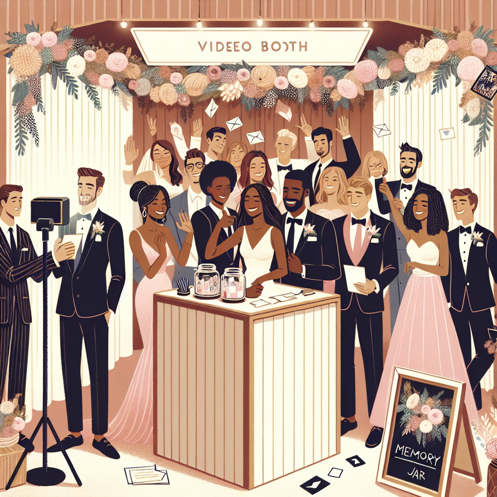 Un stand vidéo de mariage décoré, des invités enregistrant des messages vidéo émouvants, et un coin avec des cartes et une jarre pour recueillir des souvenirs et des conseils de mariage.