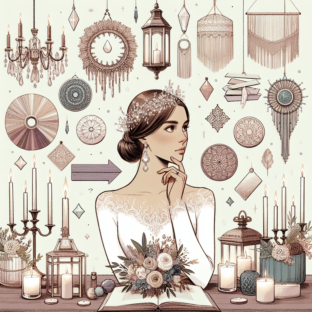 Une mariée réfléchie entourée d'éléments de décoration de mariage variés, avec un tableau d'inspiration en arrière-plan.