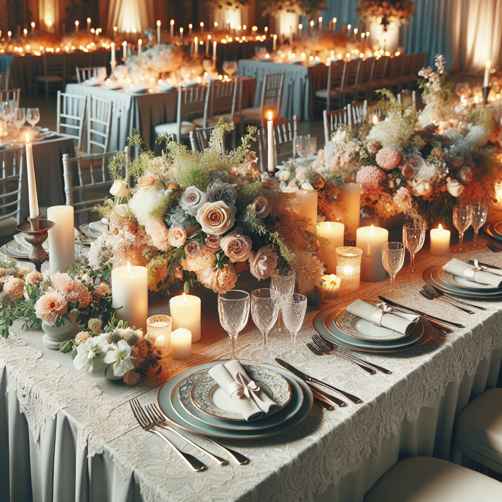 Tables de banquet décorées à un mariage avec chemins de table en lin ou dentelle, fleurs, bougies et vaisselle élégante en porcelaine ou céramique.