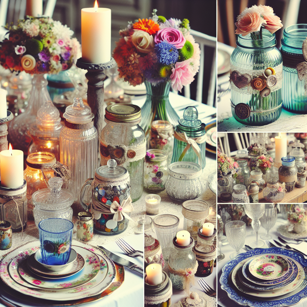 Table de mariage décorée avec des bocaux en verre comme photophores et vases, ainsi que de la vaisselle dépareillée vintage.