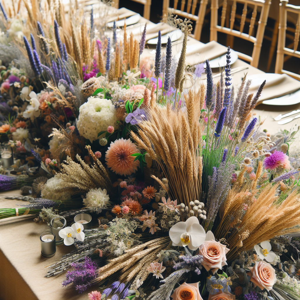 Table de mariage décorée avec un mélange de fleurs des champs, lavande, et épis de blé pour un style champêtre, ainsi que des roses blanches, des orchidées et des pivoines pour une touche chic et moderne.