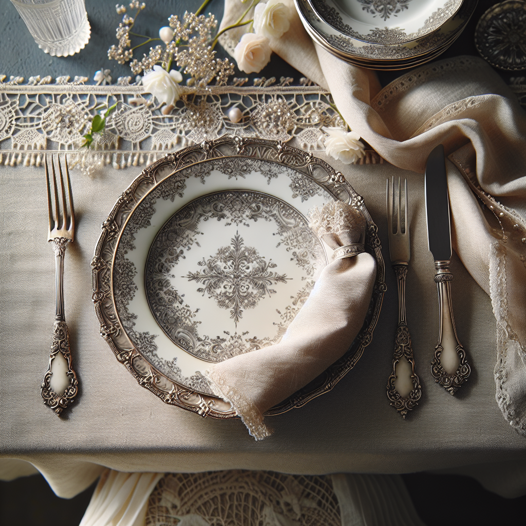 Une table élégante avec une vaisselle en porcelaine fine et des couverts en argent, entourée de nappes en lin ou en dentelle.