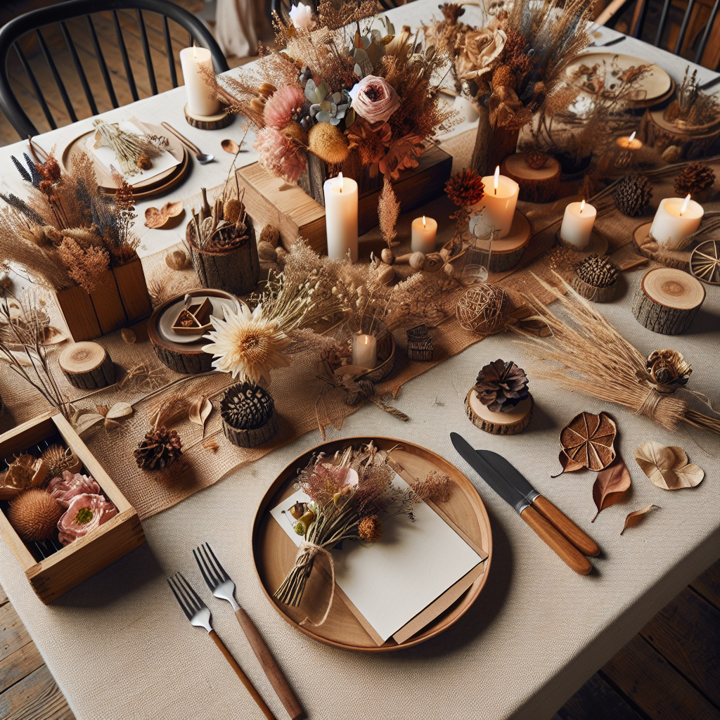 Table de mariage décorée avec des fleurs de saison et des éléments en bois comme des rondins et des caisses, avec des fleurs séchées ajoutant une touche romantique.
