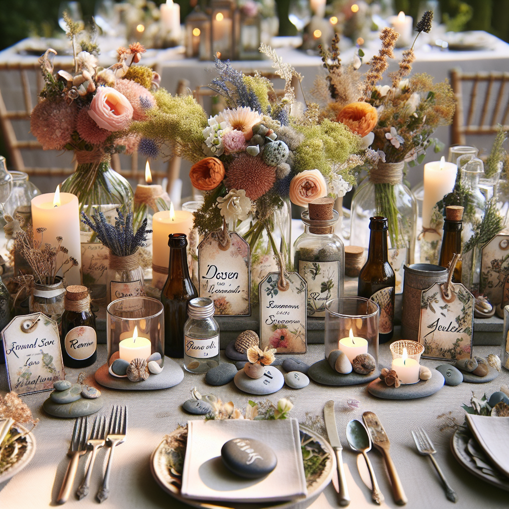 Table de mariage magnifiquement décorée avec des marque-places personnalisés, un centre de table floral et des éléments recyclés.