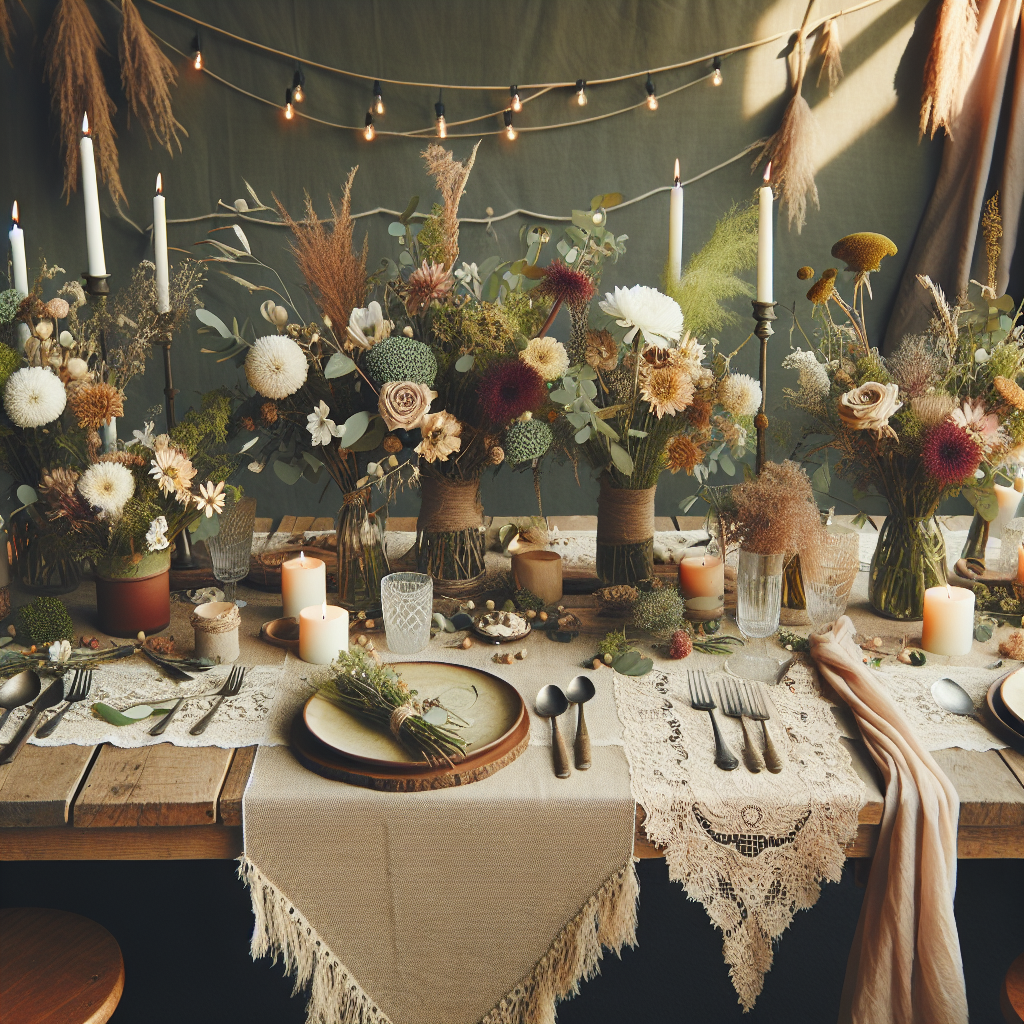 Une table de mariage décorée avec des éléments rustiques et bohèmes. Les couleurs vert, beige, et blanc cassé se mélangent avec des matériaux comme le bois et le lin. Des fleurs sauvages, des nappes en dentelle, des bougies et des guirlandes lumineuses ajoutent une touche romantique et féerique.