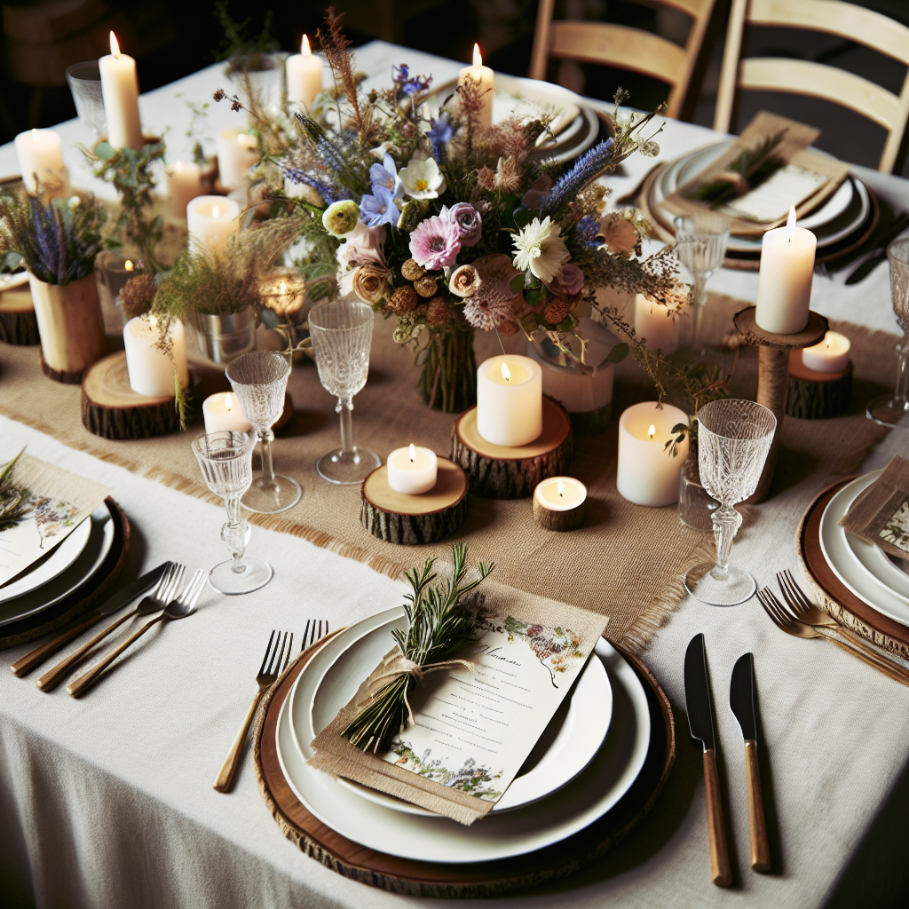 Table de réception rustique avec centre de table en fleurs des champs, bougies, rondins de bois, assiettes blanches élégantes, verres à vin en cristal et menus en papier recyclé avec brindille de romarin.