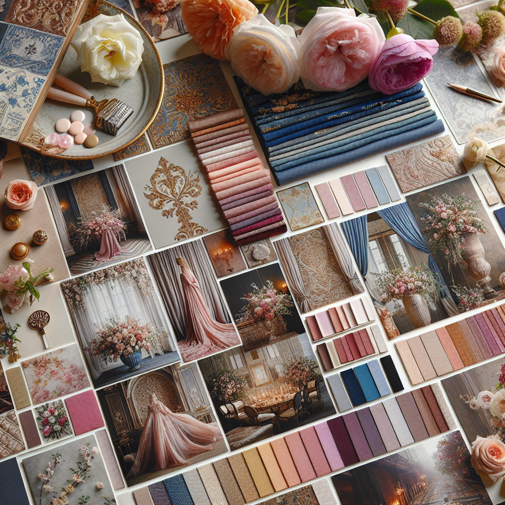 Un tableau d'inspiration avec des photos de décoration, des échantillons de tissu et des fleurs pour visualiser l'ambiance de la décoration.