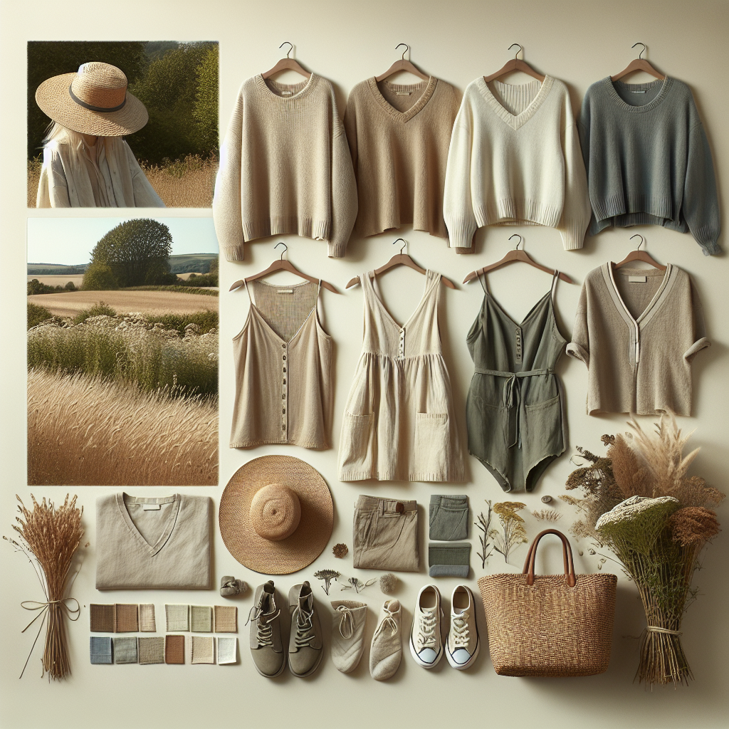 Une composition de tenues champêtres avec des couleurs douces et naturelles comme le beige, le taupe, le vert olive, le bleu clair et le blanc cassé, intégrée harmonieusement dans un cadre rustique.