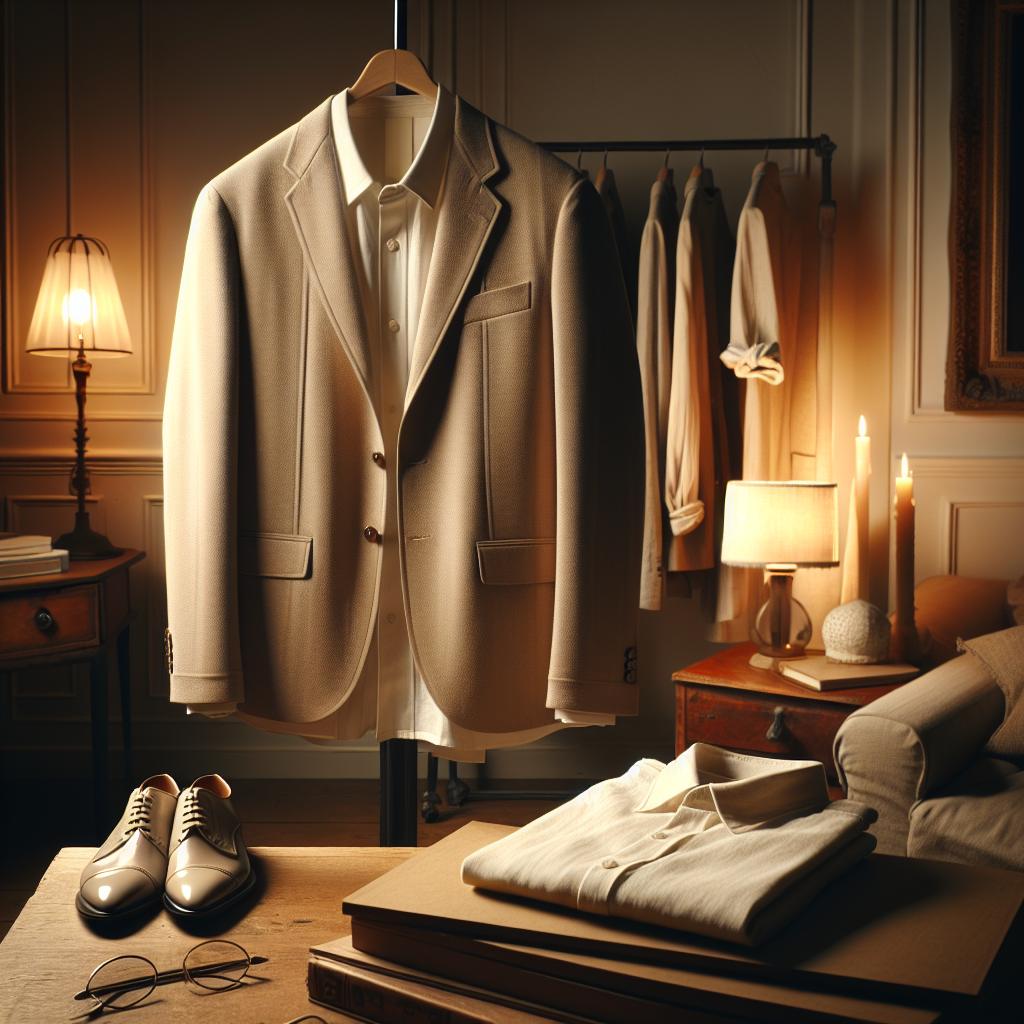 Une tenue de soirée composée d'une chemise de rechange et d'une veste légère, prête dans une chambre confortable.