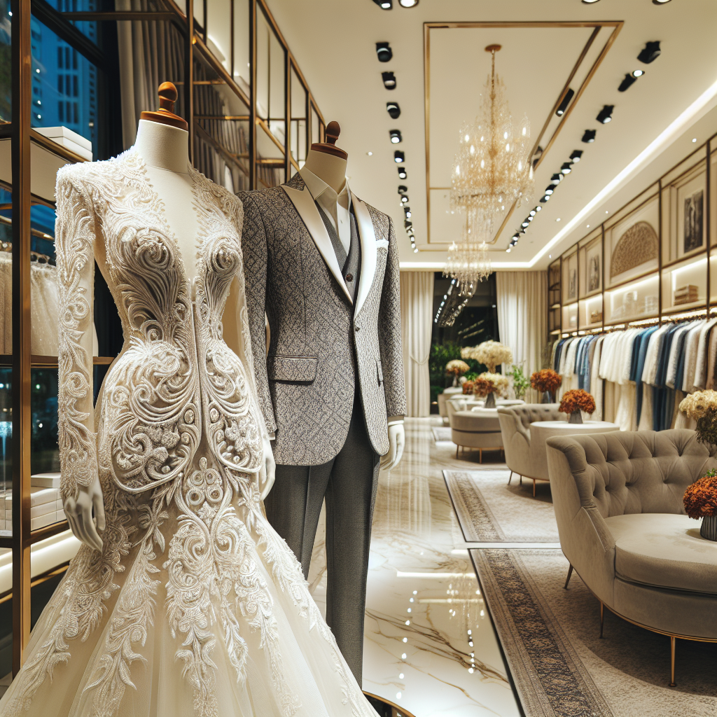 Une belle robe de mariée et un costume de haute qualité pour homme, exposés dans une boutique élégante.
