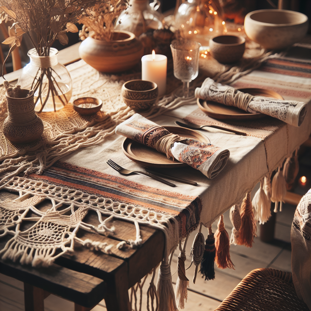 Table bohème avec nappe en lin, chemin de table en macramé et serviettes aux motifs floraux.