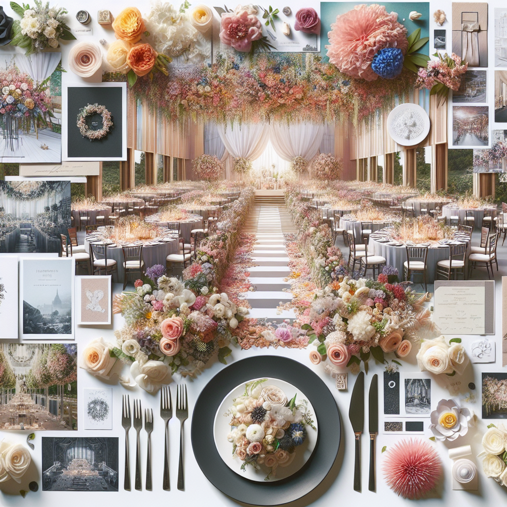 Cérémonie de mariage magnifiquement décorée avec des fleurs harmonieuses, des invitations et une table bien dressée