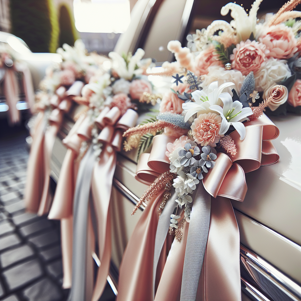 Une voiture de mariage joliment décorée avec des accessoires décoratifs tels que des rubans et des fleurs artificielles. La voiture est préparée pour une cérémonie de mariage, avec des décorations élégantes et colorées, créant une ambiance festive et romantique.