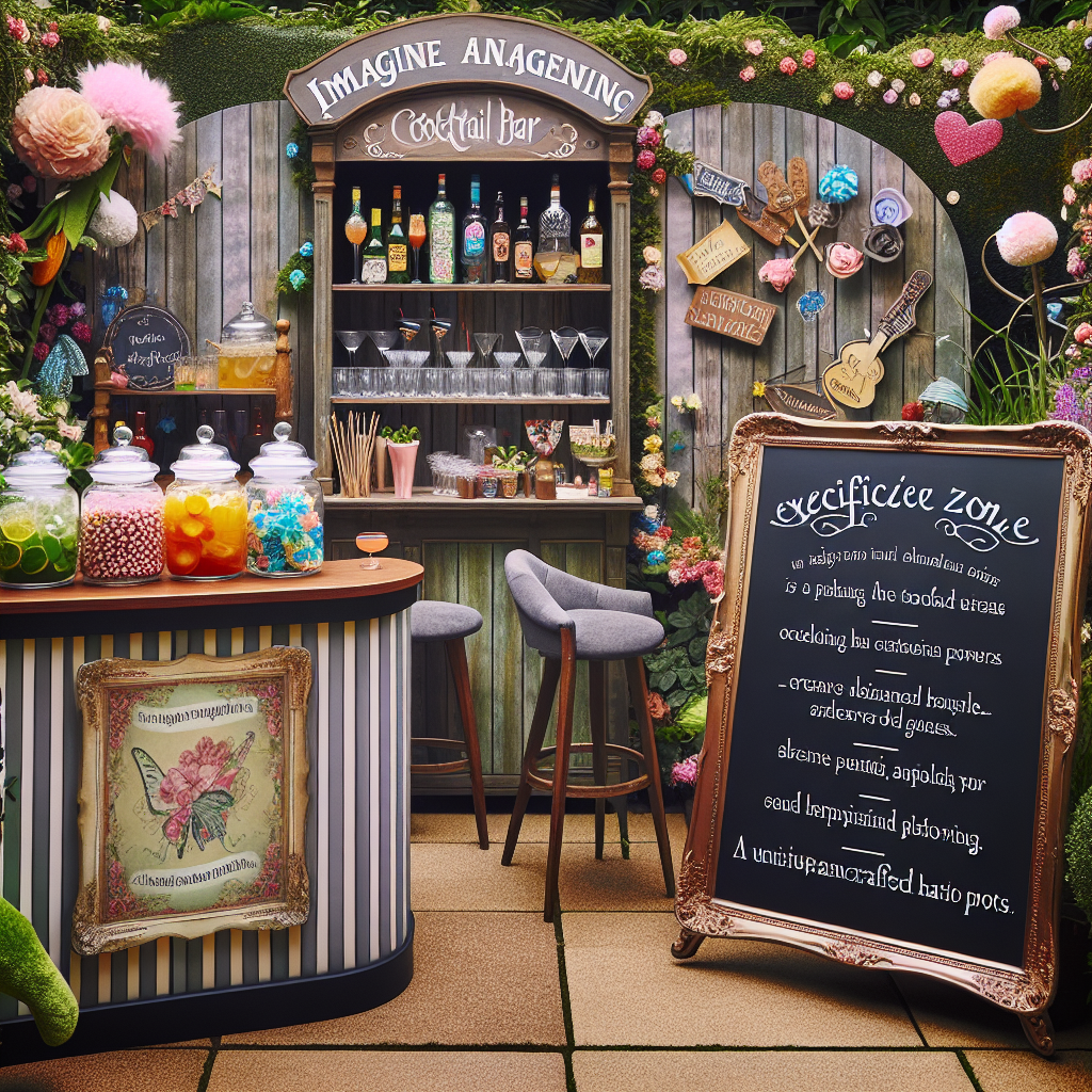 Jardin avec des zones thématiques incluant un bar à cocktails vintage et un photobooth décoratif.