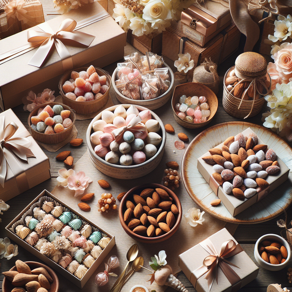 Petits cadeaux italiens appelés bomboniere, incluant des dragées dans des boîtes élégantes et des articles artisanaux.