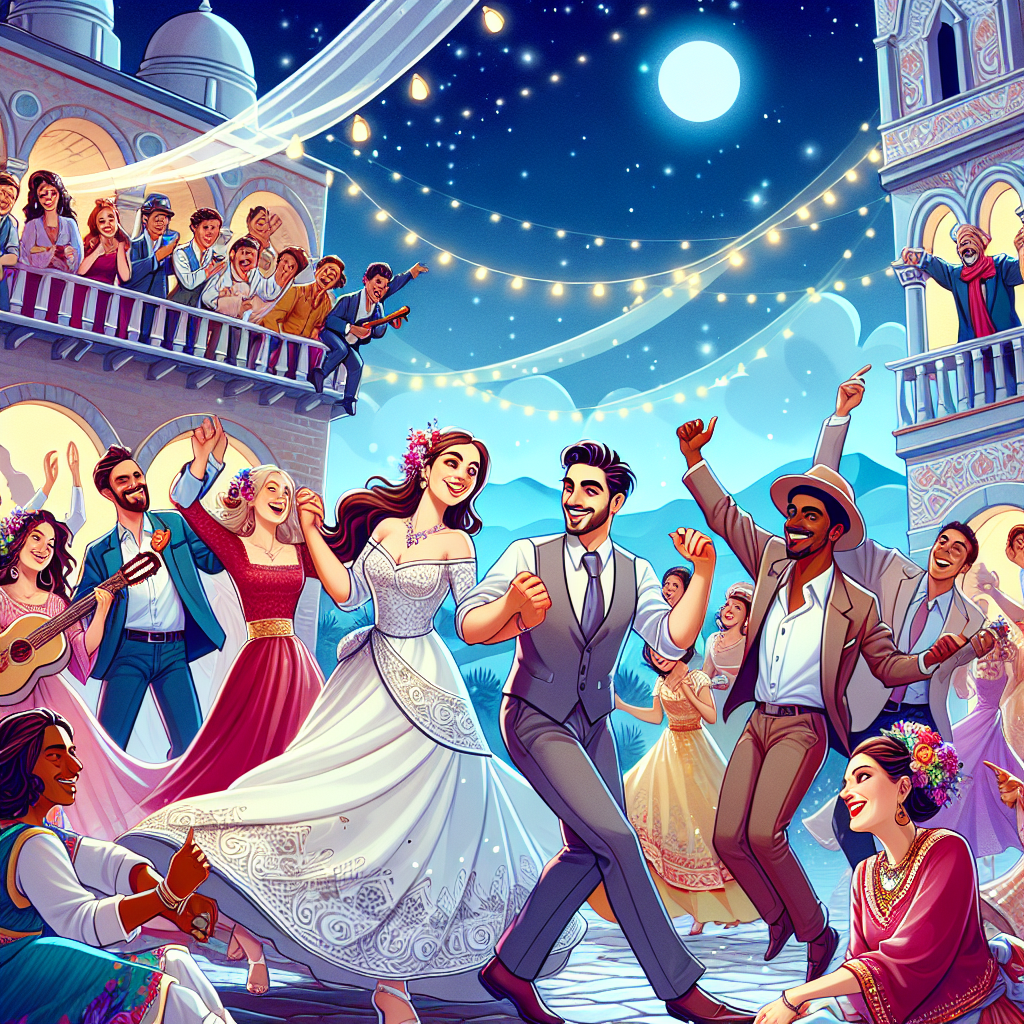 Un mariage italien animé avec des danses traditionnelles comme la tarantelle. Les invités dansent et chantent joyeusement avec les mariés, lors des festivités nocturnes.