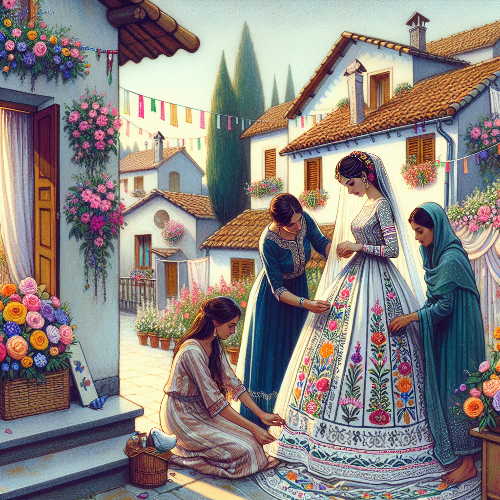 Le matin du mariage, une scène avec des maisons décorées de fleurs colorées et de rubans. La mariée se prépare méticuleusement avec l'aide de ses proches, portant quelque chose de vieux, de nouveau, de prêté et de bleu. En Sardaigne, la mariée est habillée par sa mère et ses sœurs, portant une robe de mariée brodée à la main avec des symboles de prospérité et de fertilité.