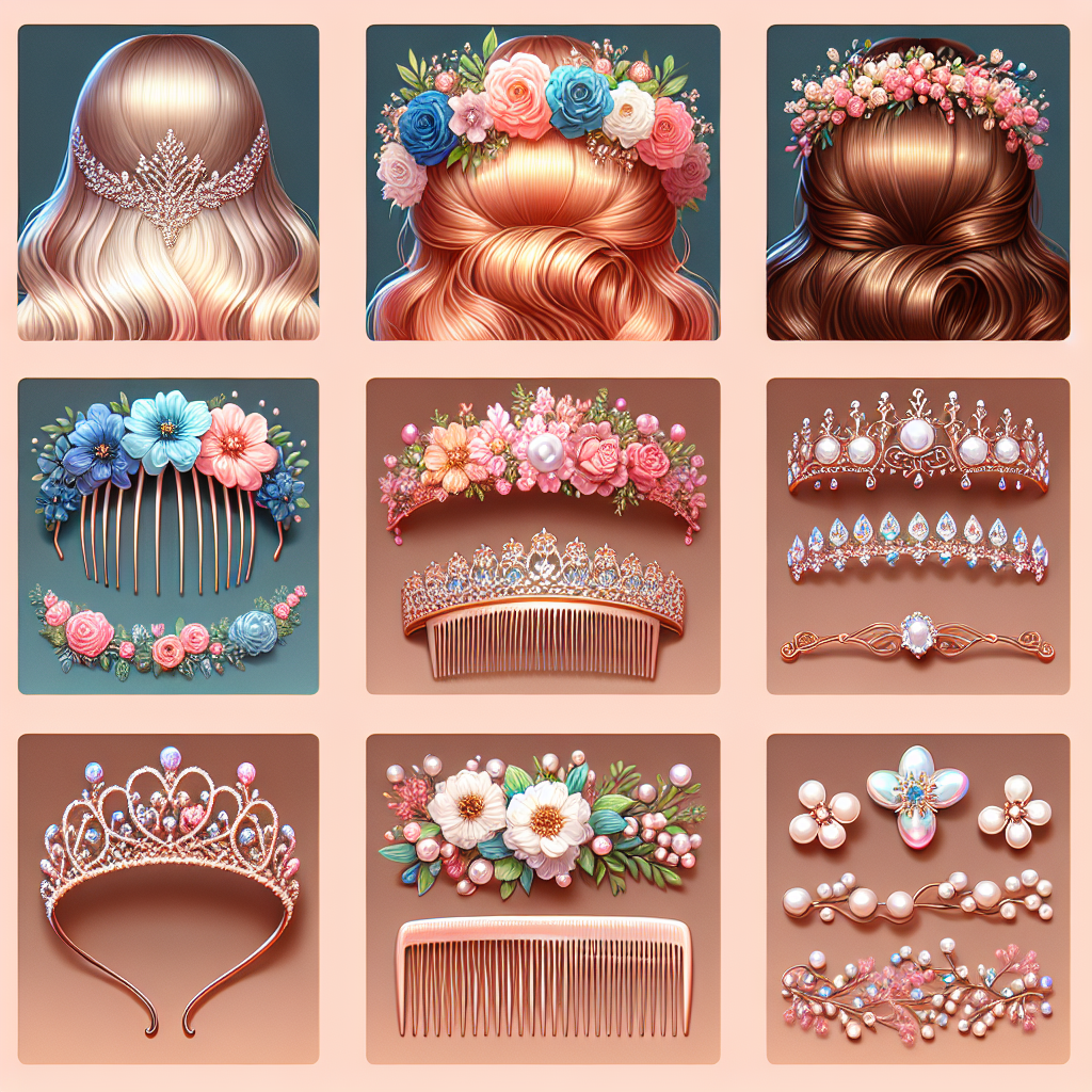Divers accessoires de coiffure élégants adaptés aux cheveux longs et courts, comprenant des headbands, des couronnes de fleurs, des peignes ornés de perles et des barrettes scintillantes, présentés de manière vibrante et à la mode.