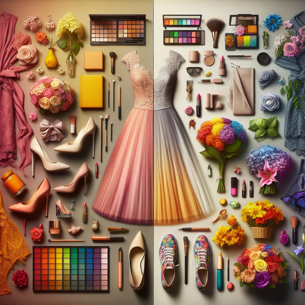 Une femme portant une robe colorée avec des accessoires neutres comme des chaussures, un bouquet et un maquillage. Une autre variation avec une robe pastel et des accessoires vibrants.