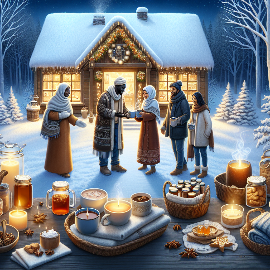 Scène conviviale d'accueil des invités en hiver avec du chocolat chaud, du vin chaud, des paniers de couvertures et des cadeaux hivernaux comme du miel, des bougies parfumées et des sachets de thé personnalisés.