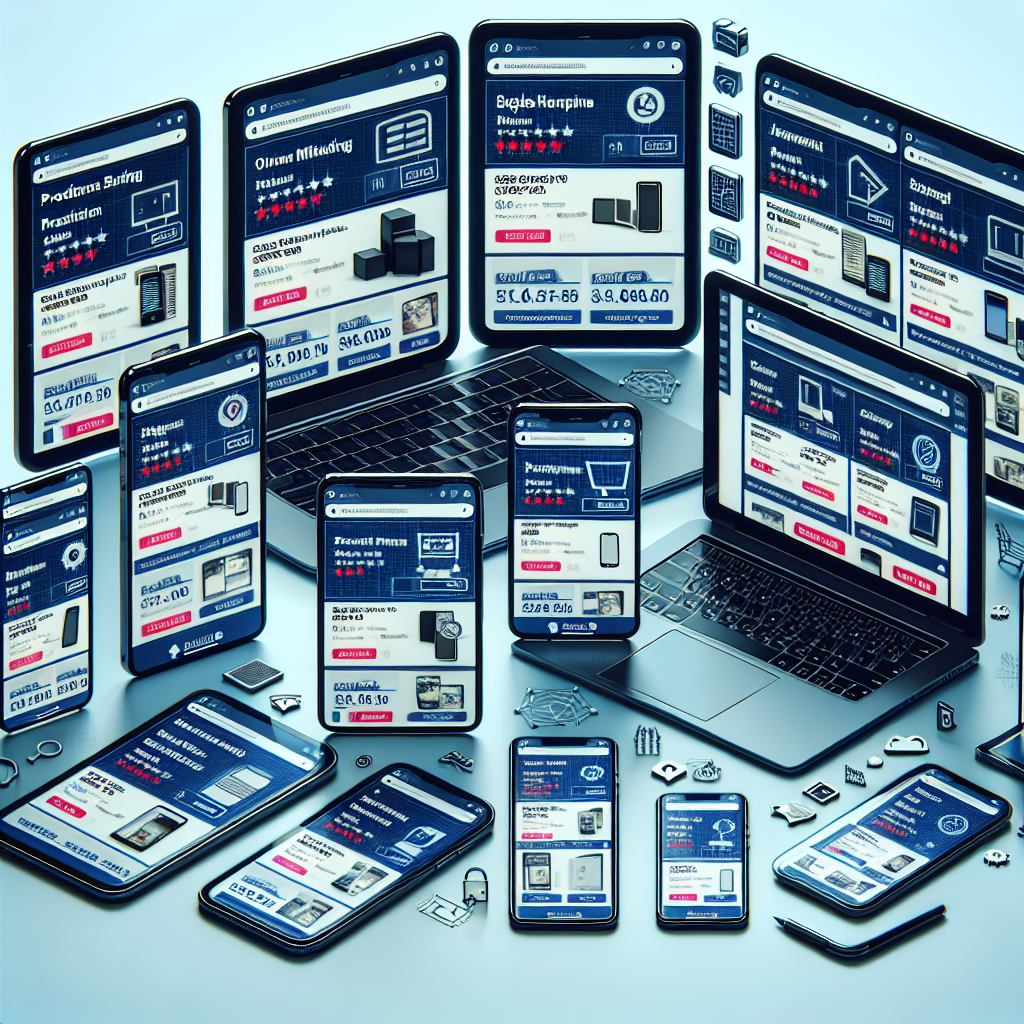 Divers appareils affichant des plateformes d'achat en ligne comme Amazon et eBay, avec des prix compétitifs et des avis de clients.