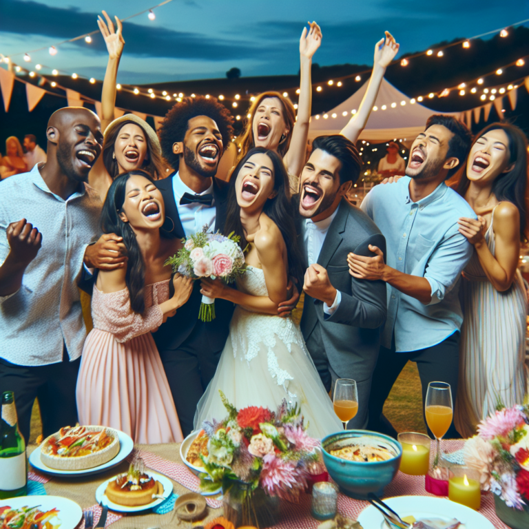 Un groupe d'amis célébrant un mariage en extérieur, mettant en avant les émotions et les rôles des témoins.