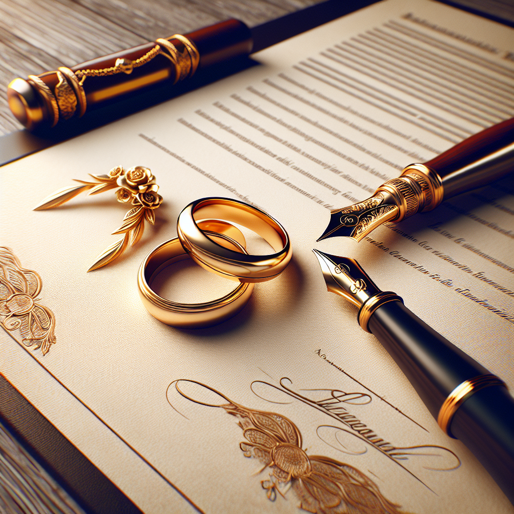 Document officiel sur une table avec des alliances et un stylo, signifiant une attestation sur l'honneur pour un mariage.