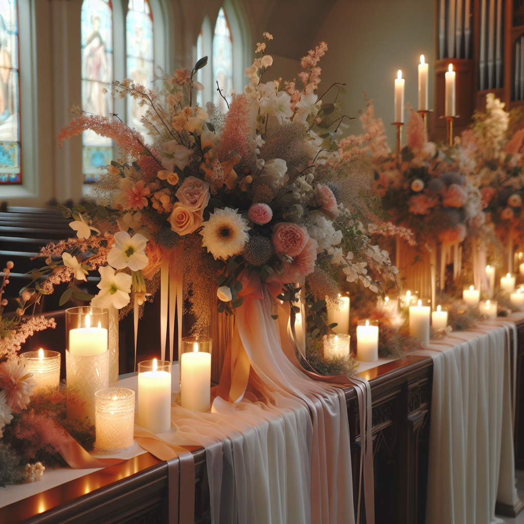Un autel décoré avec des fleurs, des bougies et des rubans dans une église, créant une atmosphère élégante et sereine.