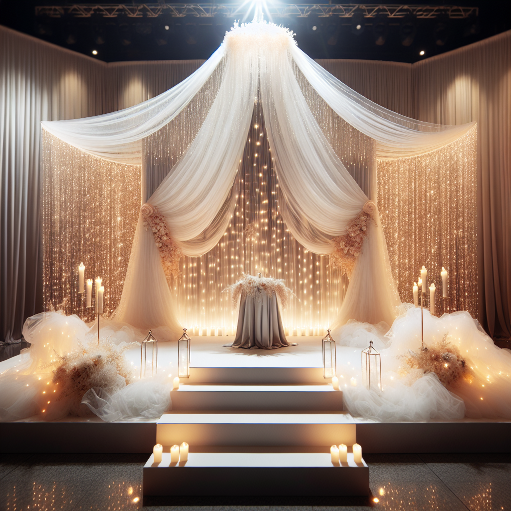Autel de mariage décoré avec des voiles en tulle et des guirlandes lumineuses LED