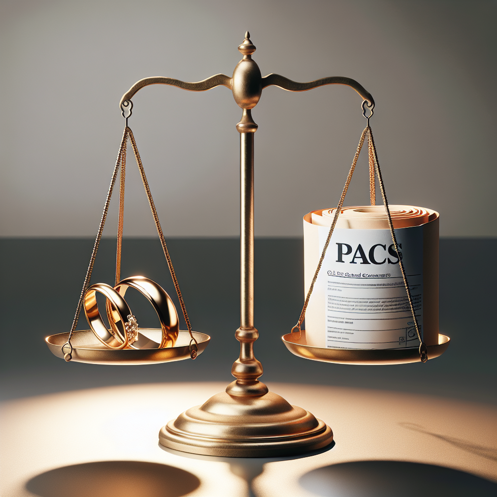 Une balance équilibrée avec des alliances de mariage d'un côté et un document PACS de l'autre, représentant les avantages fiscaux du mariage et du PACS.