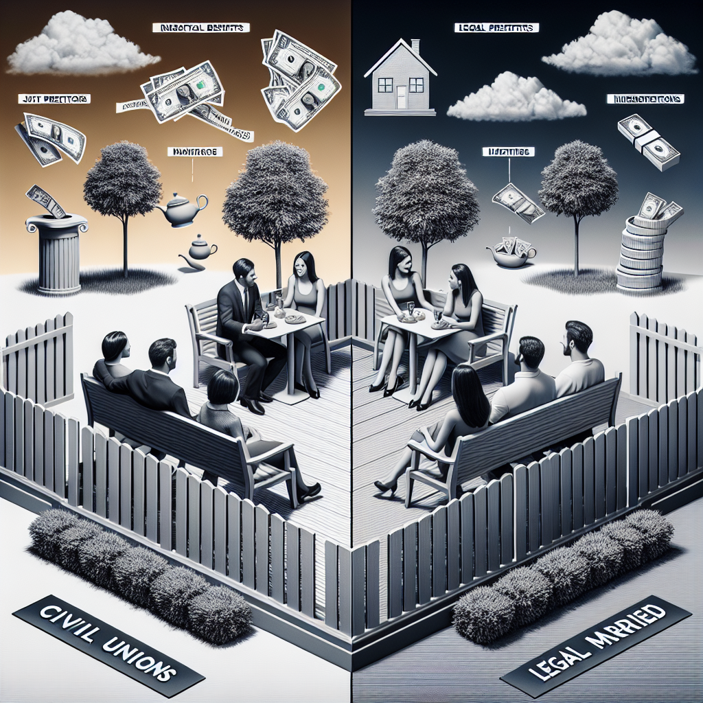 Illustration comparant les avantages financiers et successoraux d'un couple PACSé et d'un couple marié, montrant les avantages fiscaux communs et les protections légales accrues pour les couples mariés.